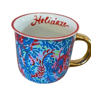 Lilly Pulitzer Holidaze 12 oz Coffee Tea Mug Christmas Holidays Pink & Blue