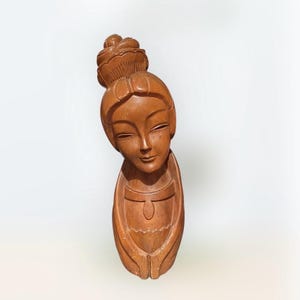 Vintage 1960s Carved Monkey Pod Wood Girl Statue or Bust