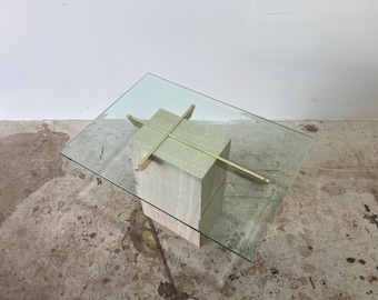 Vintage 1970s Rectangular Glass Top Travertine Base Side Table by Artedi