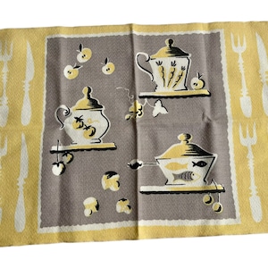 Vintage 50s Tea Pot Yellow + Grey Napkin or Tea Towel