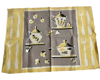 Vintage 50s Tea Pot Yellow + Grey Napkin or Tea Towel