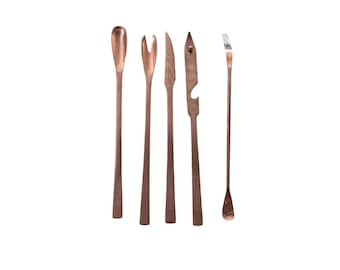 Vintage Mid Century Modern 5 Piece Teak Stainless Steel Bar Accessories Set