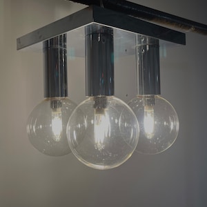 Vintage 70s Mid Century Modern Metal + Glass Ceiling Light