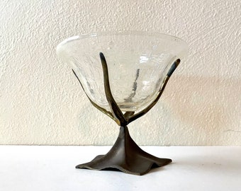 Vintage 80s Brass + Crackle Glass Pedestal Bowl