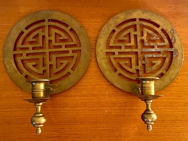 Vintage 1970s Brass Chinoiserie Wall Candle Sconces image 4