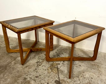 Vintage 60s Mid Century Modern Pair of Lane Furniture Oak Wood & Smoked Glass Coffee Tables