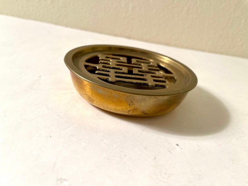 Vintage 1980s Mid Century Modern Brass Double Happiness Incense Burner Ash Tray image 5