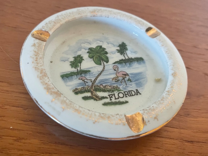 Vintage Florida Flamingo Palm Tree Souvenir Ceramic Ashtray image 1