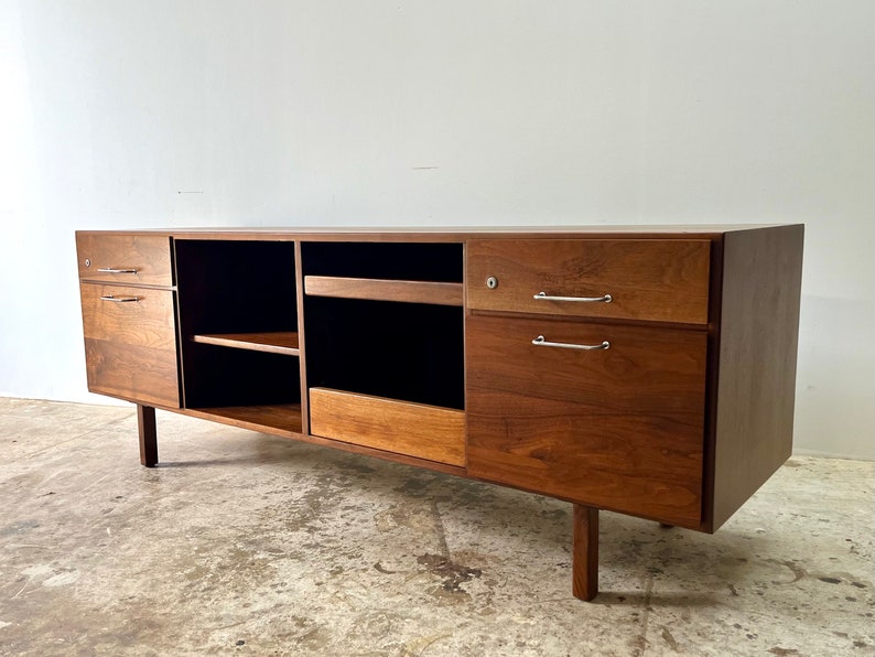 Vintage 1960s Jens Risom Mid Century Modern Walnut and Stainless Steel Credenza image 1