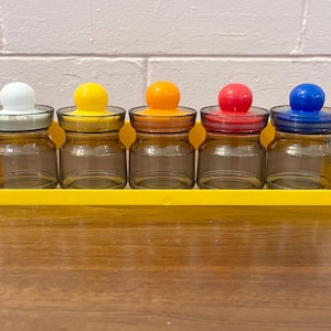 Vintage 70s Five Plastic Storage Jars with Wall Rack Mod Desk Organizer Made In Hong Kong
