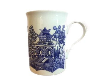 Vintage 1980s Blue + White Pagoda Transferware Coffee Mug