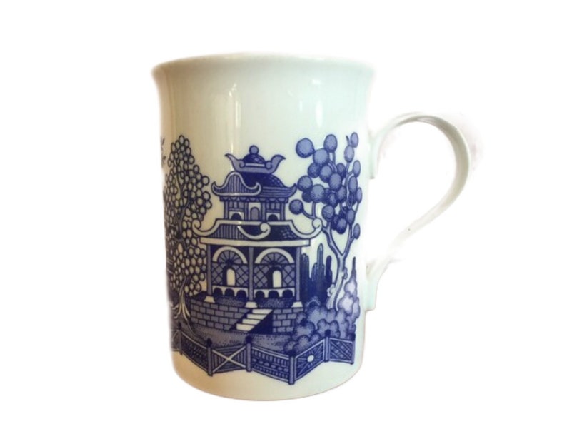 Vintage 1980s Blue White Pagoda Transferware Coffee Mug image 1