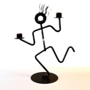 Vintage 1980s Post Modern Memphis Styled Black Metal Running Man Candle Holder By Scardy