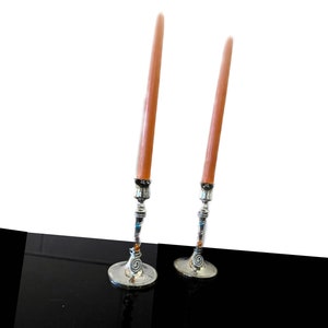 Vintage 80s Pair of Metal Candlestick Holders With Rainbow Bead Detailing