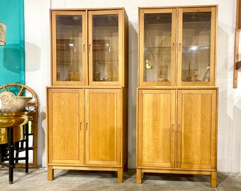 Vintage 1970s White Oak 2 Piece Micro China Cabinet Made In Germany