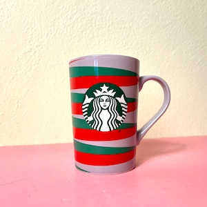 Starbucks Mermaid Logo Christmas Coffee Mug with Red + Green Stripes 11 Fl OZ