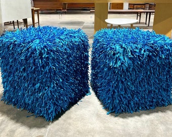 Fun + Funky Blue Shaggy Cube or Ottoman