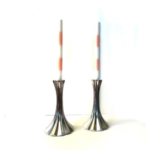 Vintage 80s Pair of Pleated Aluminum Candlestick Holders