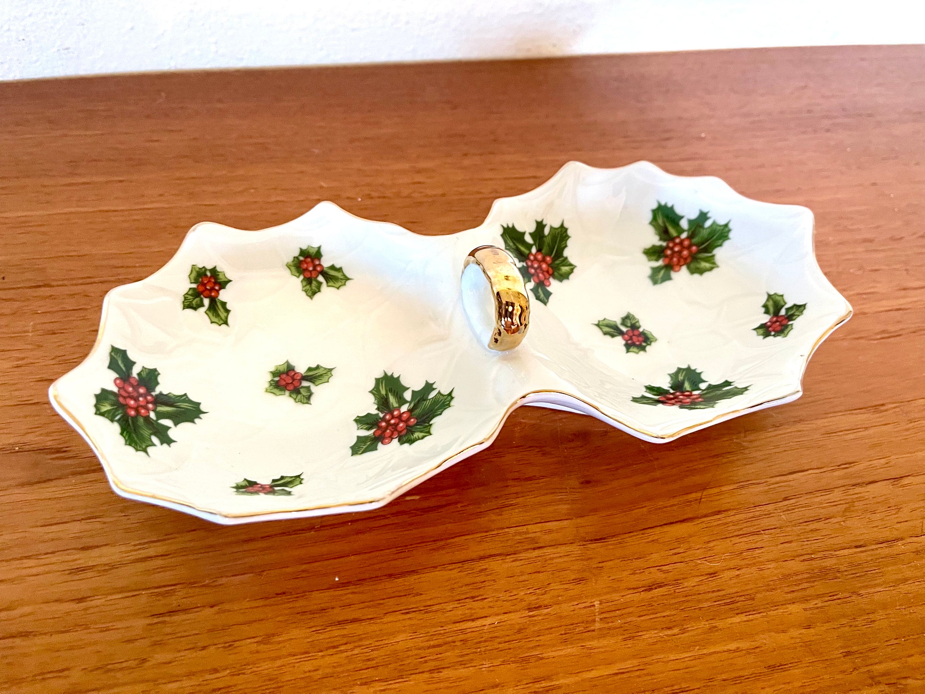 Vintage 1950s Lefton Divided Holly and Berry Candy Dish Tray