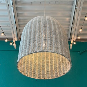 Vintage 1980s Large Sized White Wicker Bell Shaped Hanging Lamp