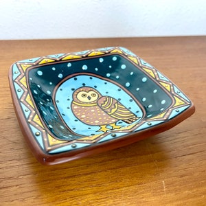 Vintage 1998 Owl Decorative Dish by L. L. Mehlin Colorado Artist Hand Painted Plate Blackware image 1