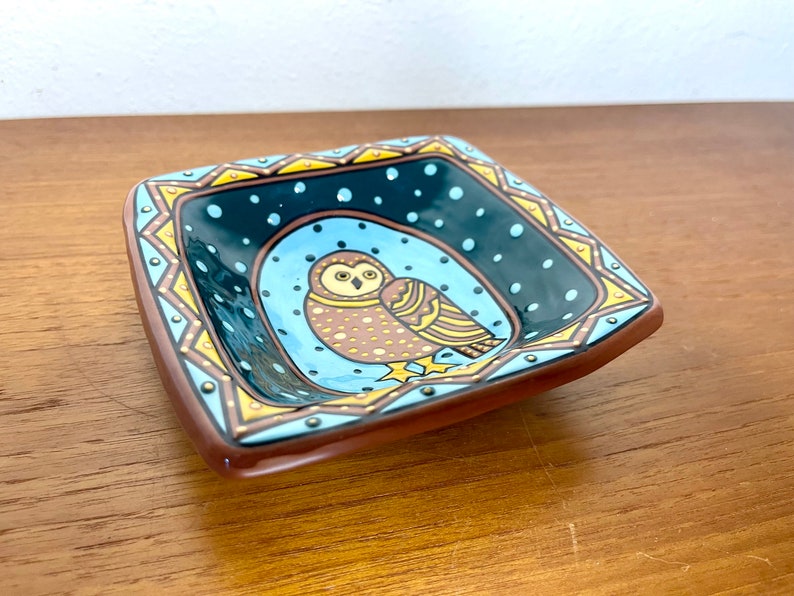 Vintage 1998 Owl Decorative Dish by L. L. Mehlin Colorado Artist Hand Painted Plate Blackware image 1