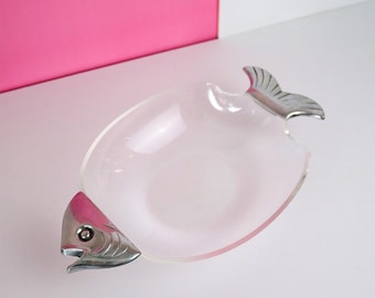 Vintage 1980s Lucite Bowl With Silver Fish Handles