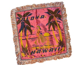 Vintage 1940s Pink Satin + Fringe Aloha Hawaii Souvenir Decorative Pillow