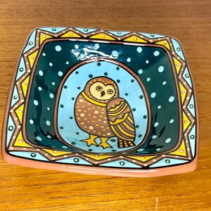 Vintage 1998 Owl Decorative Dish by L. L. Mehlin Colorado Artist Hand Painted Plate Blackware image 4