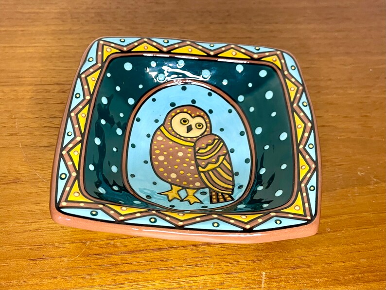 Vintage 1998 Owl Decorative Dish by L. L. Mehlin Colorado Artist Hand Painted Plate Blackware image 4
