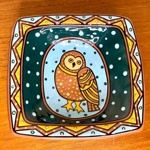 Vintage 1998 Owl Decorative Dish by L. L. Mehlin Colorado Artist Hand Painted Plate Blackware image 5