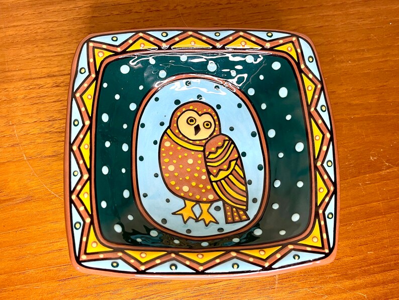 Vintage 1998 Owl Decorative Dish by L. L. Mehlin Colorado Artist Hand Painted Plate Blackware image 5