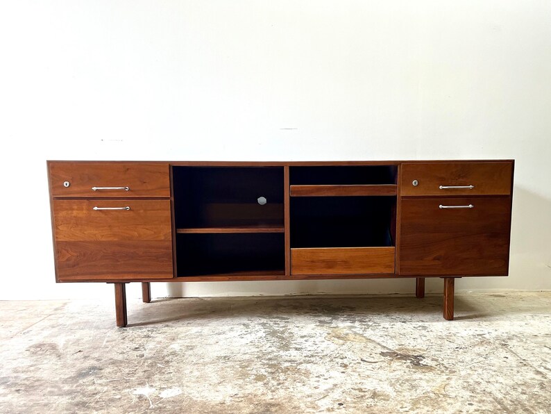 Vintage 1960s Jens Risom Mid Century Modern Walnut and Stainless Steel Credenza image 2