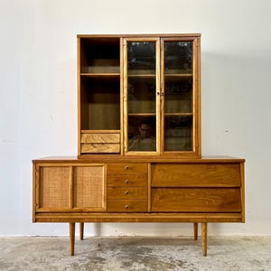 Vintage 1960s Mid Century Modern Walnut + Grass Cloth 2pc Credenza Sideboard by Dixie