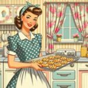 May include: Illustration of a woman in a polka dot dress and headscarf holding a tray of chocolate chip cookies. The kitchen setting includes a stove, window, and floral curtains, evoking a vintage, retro aesthetic.