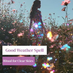Pode incluir: Imagem artística de uma pessoa em um campo de flores cor-de-rosa sob um céu azul claro. A silhueta da pessoa é coberta por luzes brilhantes coloridas. O texto na imagem diz: "Good Weather Spell" e "Ritual for Clear Skies."