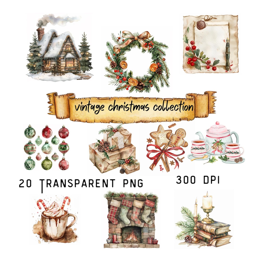Vintage Christmas Clipart | Watercolor Holiday Cottage Pngs (300 DPI ...