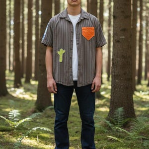 Unisex Striped Button Up Shirt with Patchwork Accents – Minimalist Streetwear Casual Top