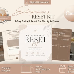 May include: A digital download entrepreneur's reset kit with a 7-day guided reset for clarity and focus. The kit includes printable and digital pages, a daily planner, and over 32 pages of inspiration and motivation. The kit can be used on iPad, tablet, or phone.