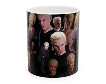 May include: White ceramic mug featuring a collage of images of a man with white hair and various expressions. The images are set against a black background. The mug is cylindrical and has a white interior.
