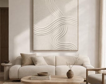 Minimalistisches Ölgemälde mit Struktur | Wellenförmige 3D-Leinwandkunst | Abstraktes Dekor in Weiß | Moderne Gipskunst