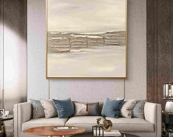 Arte al óleo minimalista moderno / Decoración de pared Wabi-Sabi en tonos beige / Obra de arte original con técnica de empaste en tonos tierra