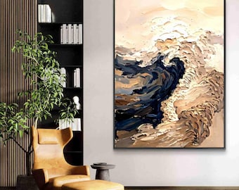 Neutrales abstraktes Ölgemälde | Strukturierte Küstenwandkunst | Moderne Impasto Seelandschaft | Minimalistisches Statement Dekor