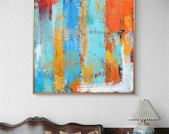 Lienzo vertical grande y colorido / Decoración expresionista vibrante original / Arte mural moderno con textura color verde azulado