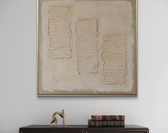 Pintura al óleo abstracta neutra con textura / Lienzo beige para pared / Decoración moderna escultórica