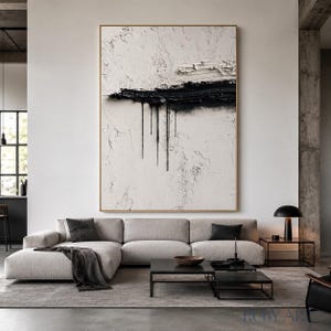 Abstracte olieverfschilderij in zwart-wit met textuur | Minimalistische Wabi Sabi canvas kunst
