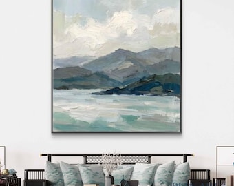 Pintura al óleo de un lago de montaña con un ambiente melancólico / Paisaje costero minimalista / Arte mural de naturaleza nórdica moderna