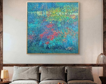 May include: A square canvas painting featuring an impressionistic landscape with vibrant blue, teal, and green foliage. The scene is punctuated by bright red and yellow floral accents, rendered with thick, textured brushstrokes throughout the composition.