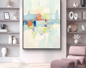 Pintura al óleo original / Lienzo texturizado en tonos azul verdoso suave / Obra de arte minimalista y serena