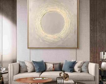 Pintura al óleo de círculo texturizado / Lienzo abstracto neutro con impasto, decoración zen